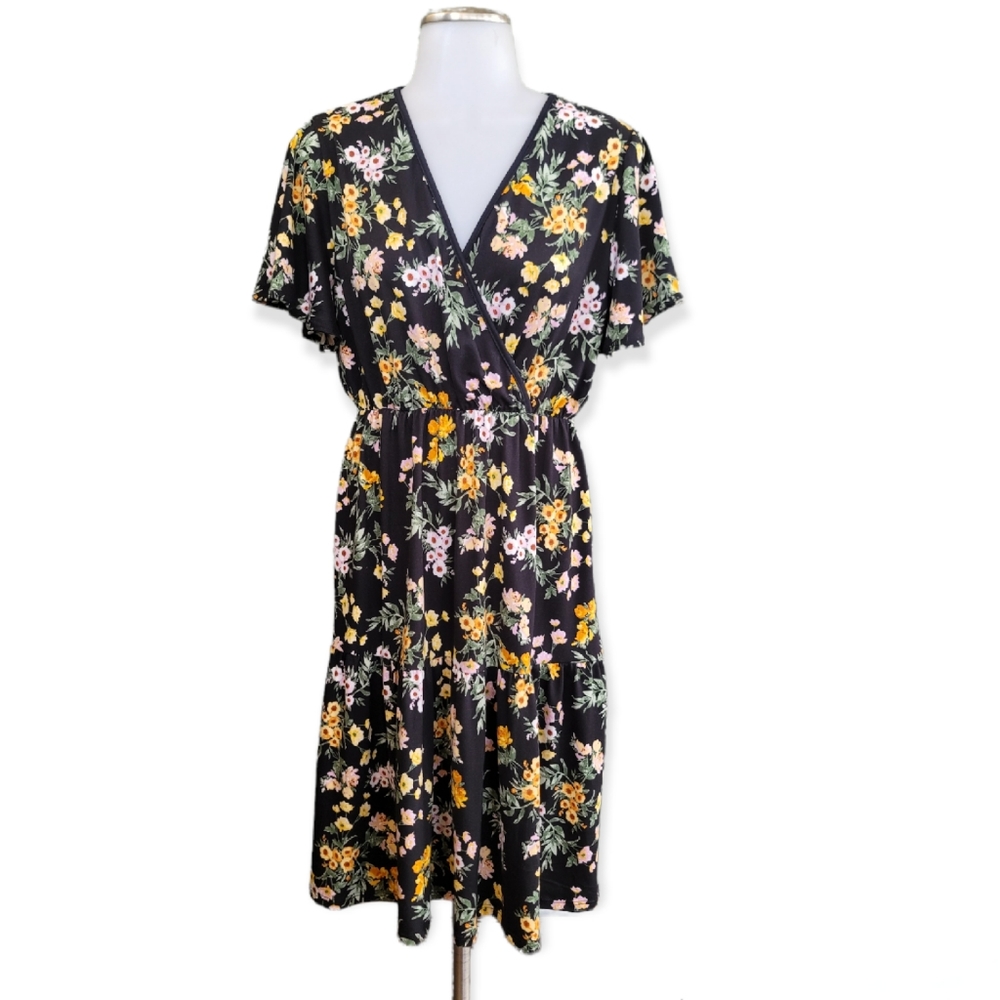 Black Floral Surplice Tiered Midi Dress